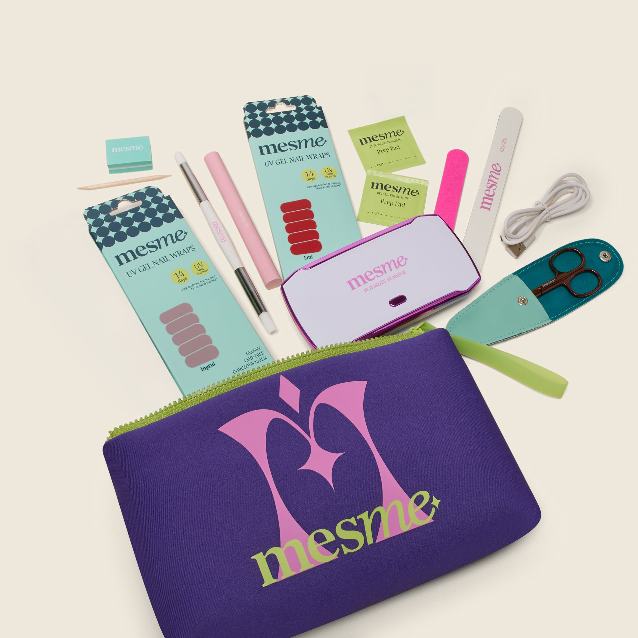 Collection of mesme UV gel wrap products including a purple cosmetic bag, gel nail wraps, mini UV lamp, nail scissors and mini prep kit