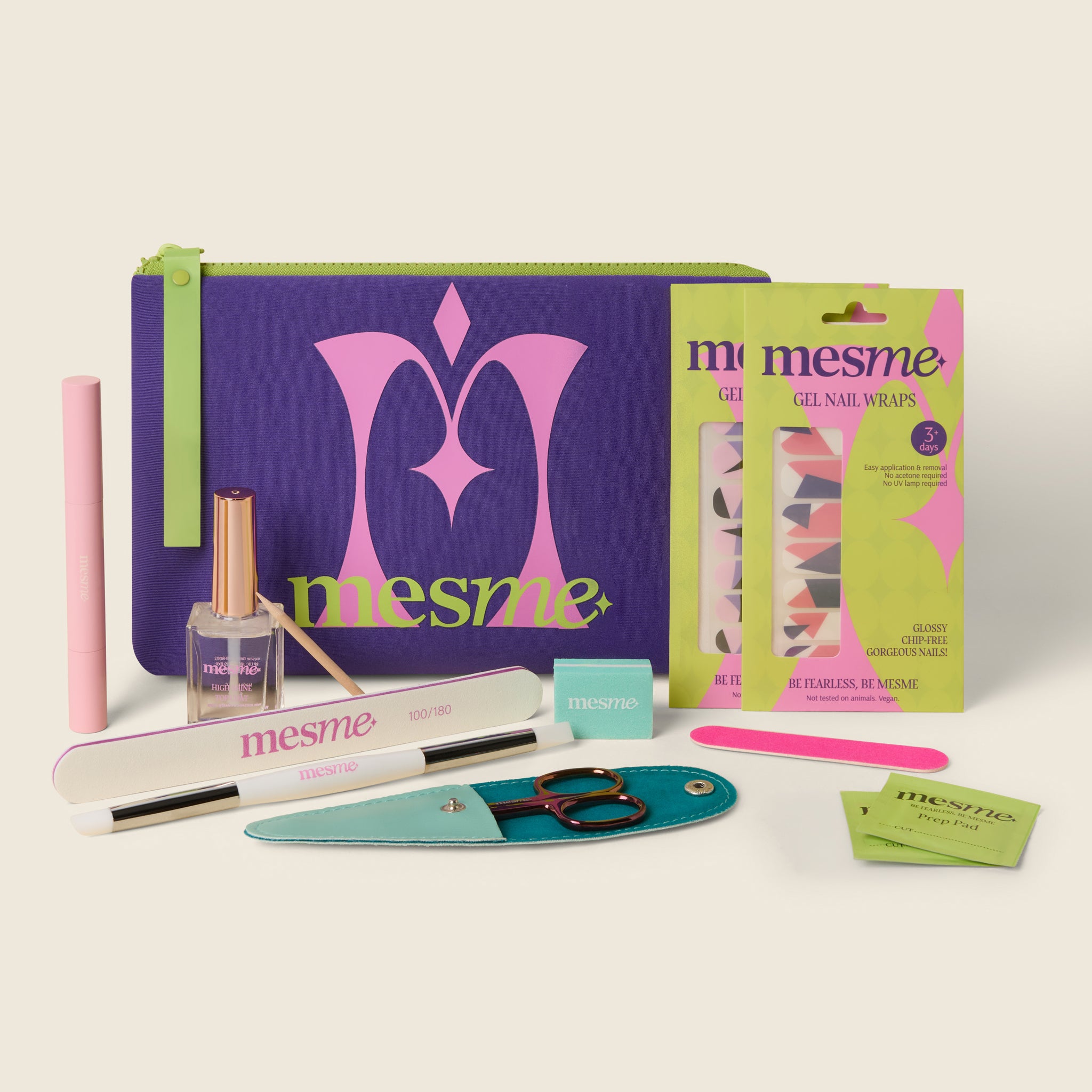 mesme Stay 3+ Day Kit with purple cosmetic bag, 2 yellow Play Wrap boxes, nail file, scissors, top coat, prep kit