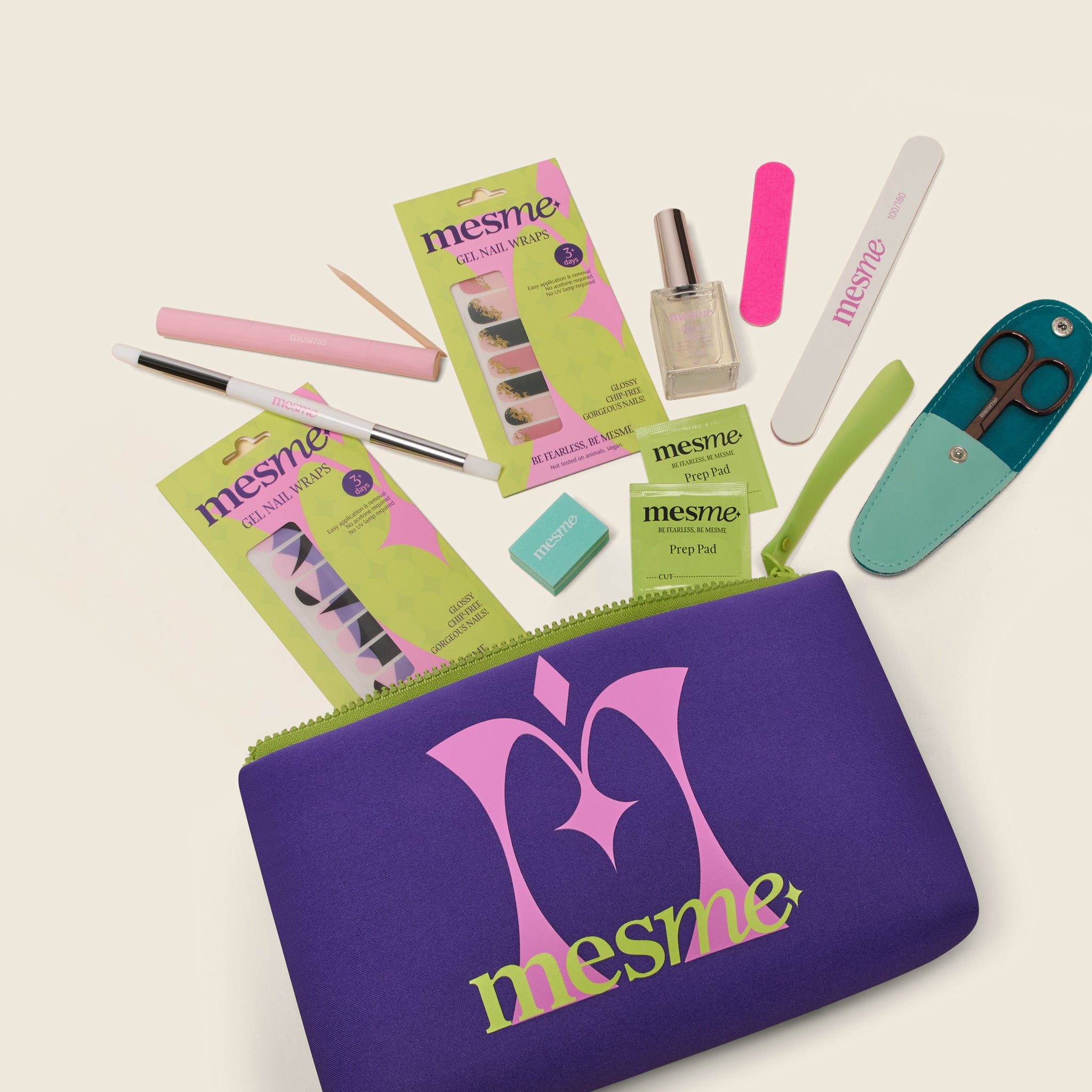 Collection of mesme 3+ Day products including a purple cosmetic bag, nail wraps, top coat, scissors and other tools on a light background.
