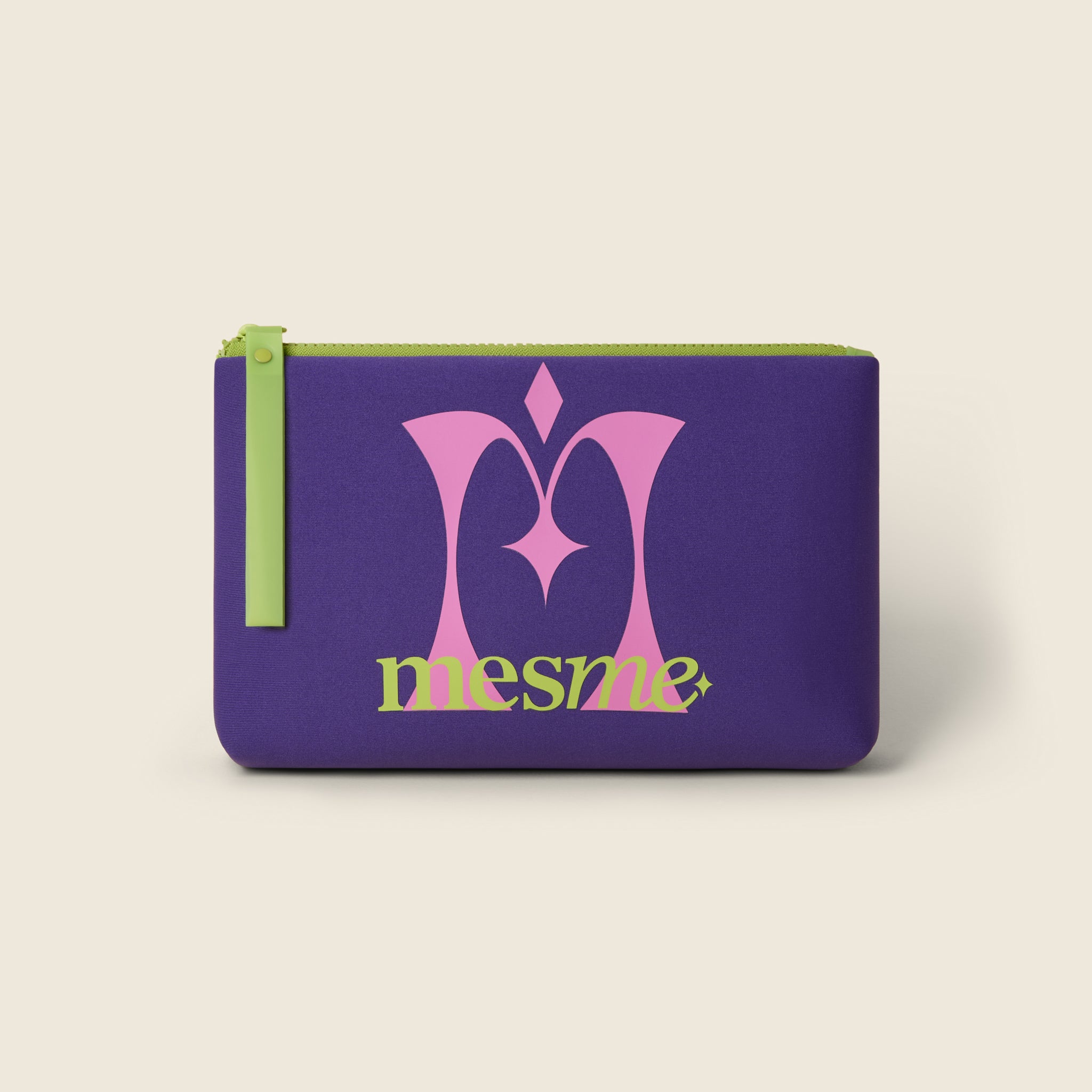 purple mesme cosmetic bag with lime mesme logo and pink favicon