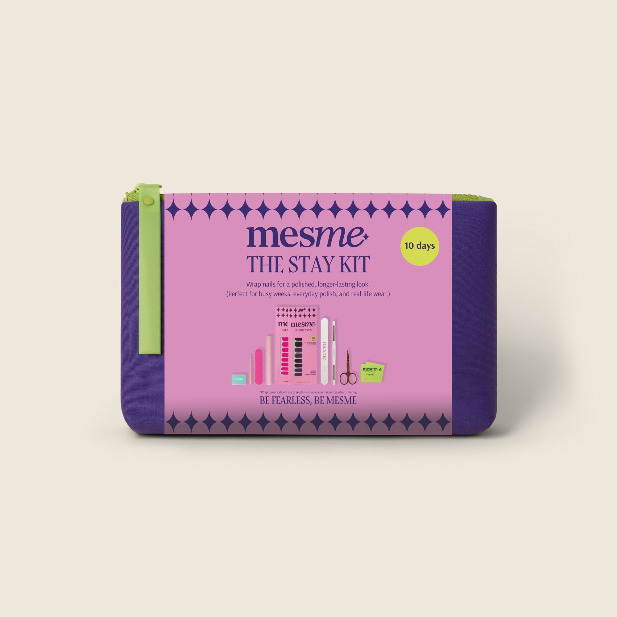 Purple and pink packaging of 'mesme The Stay Kit' on a beige background