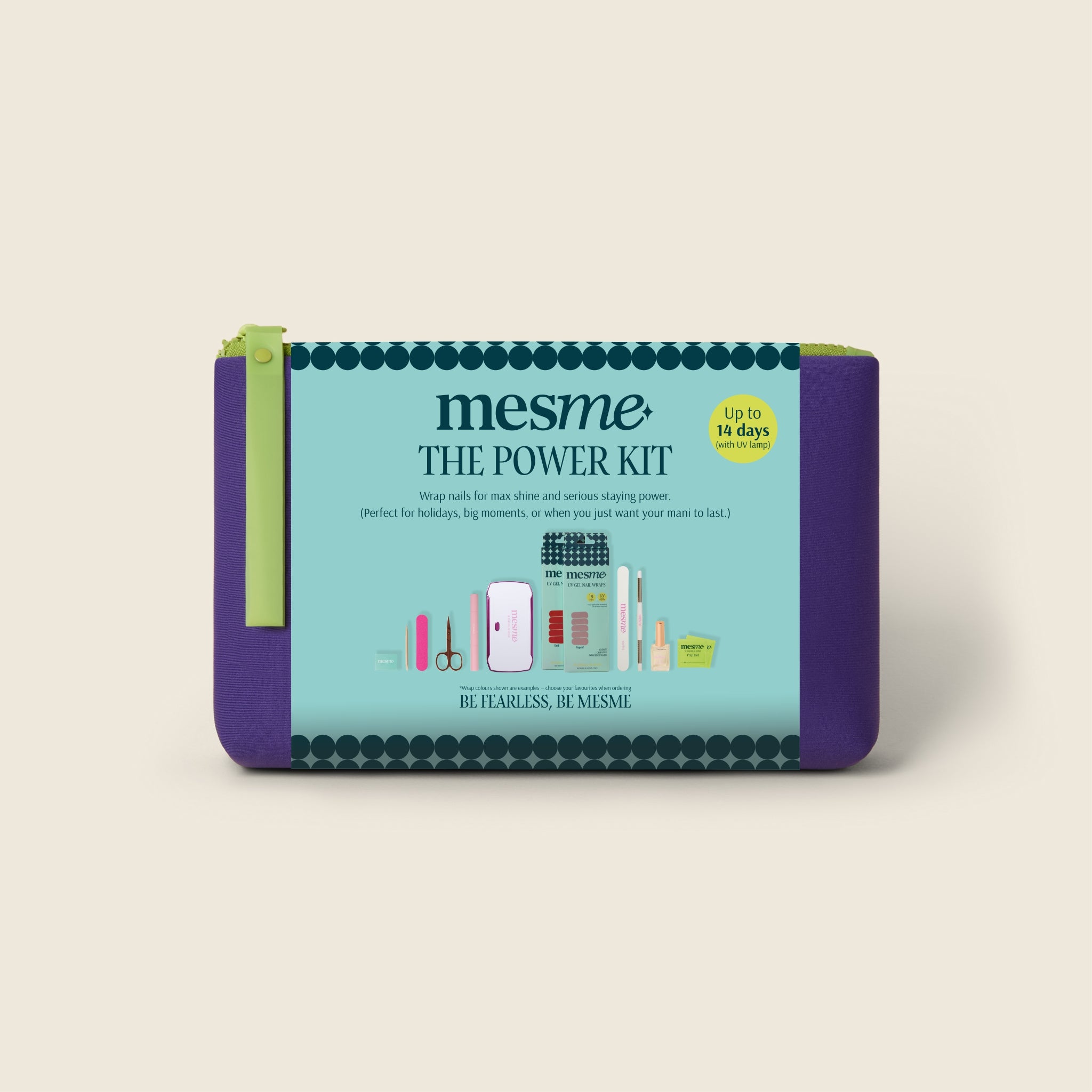 Mesme power kit packaging on a beige background