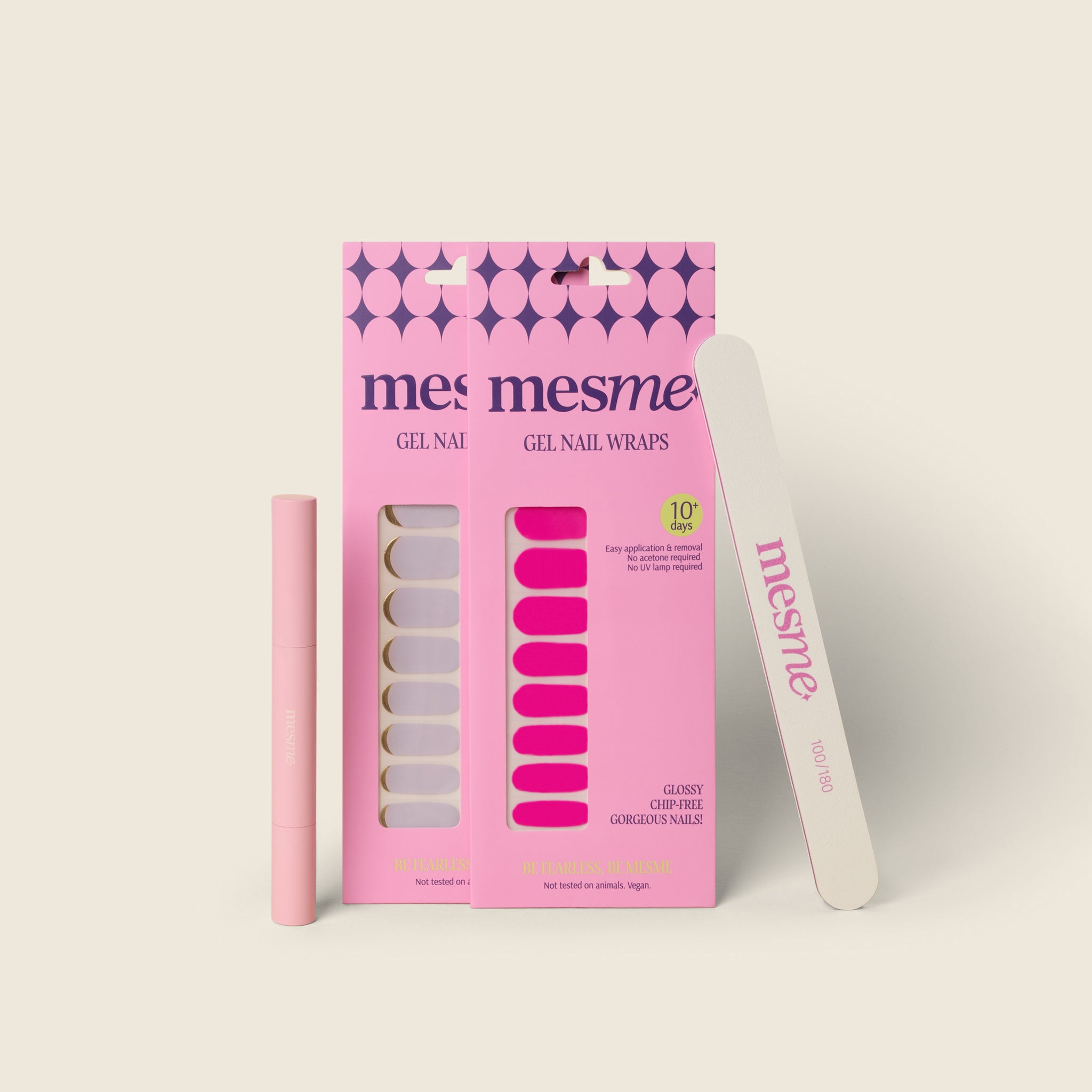 Mesme 10-Day gel nail wraps packaging with a pink nail file and pink wrap remover pen on a light pink background