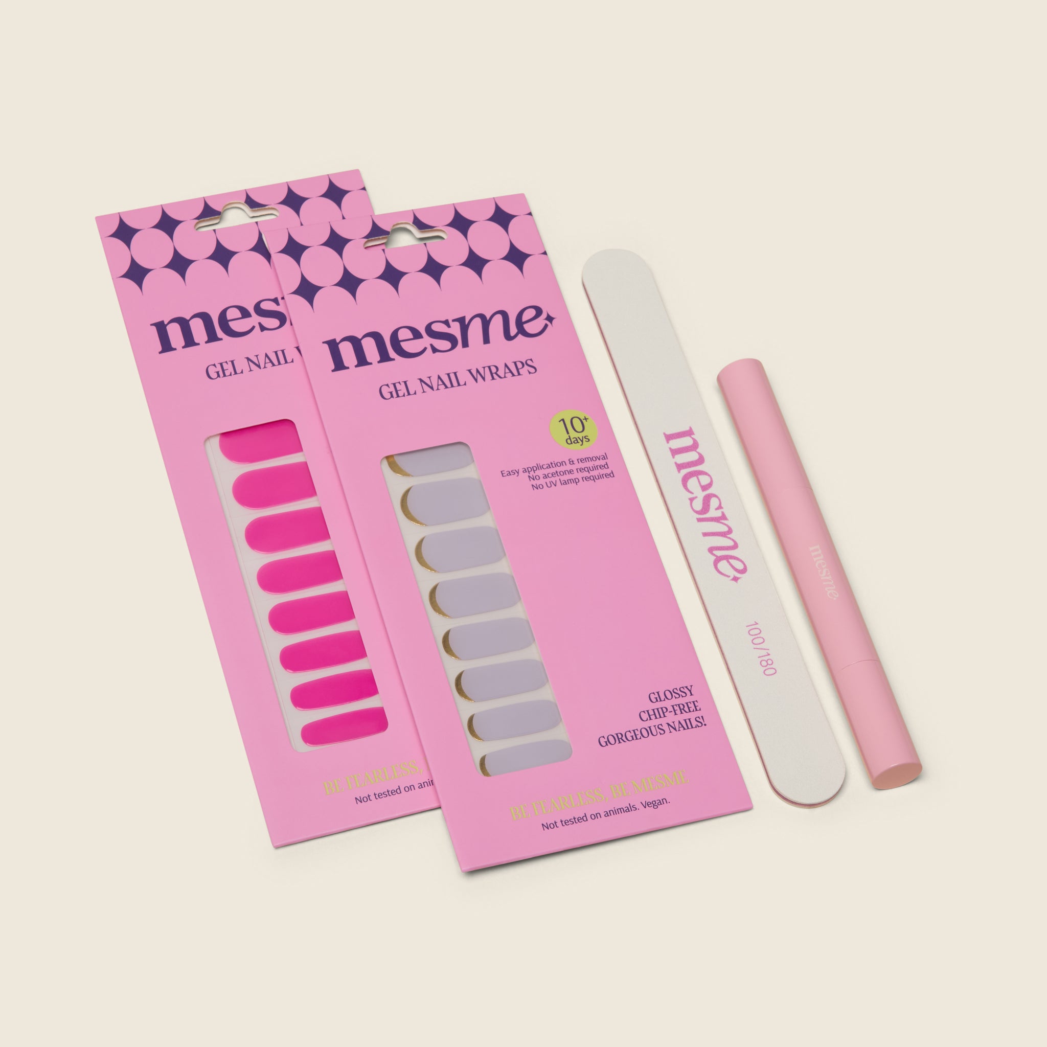 Mesme 10 Day gel nail wraps packaging with a nail file and wrap remover pen on a light beige background