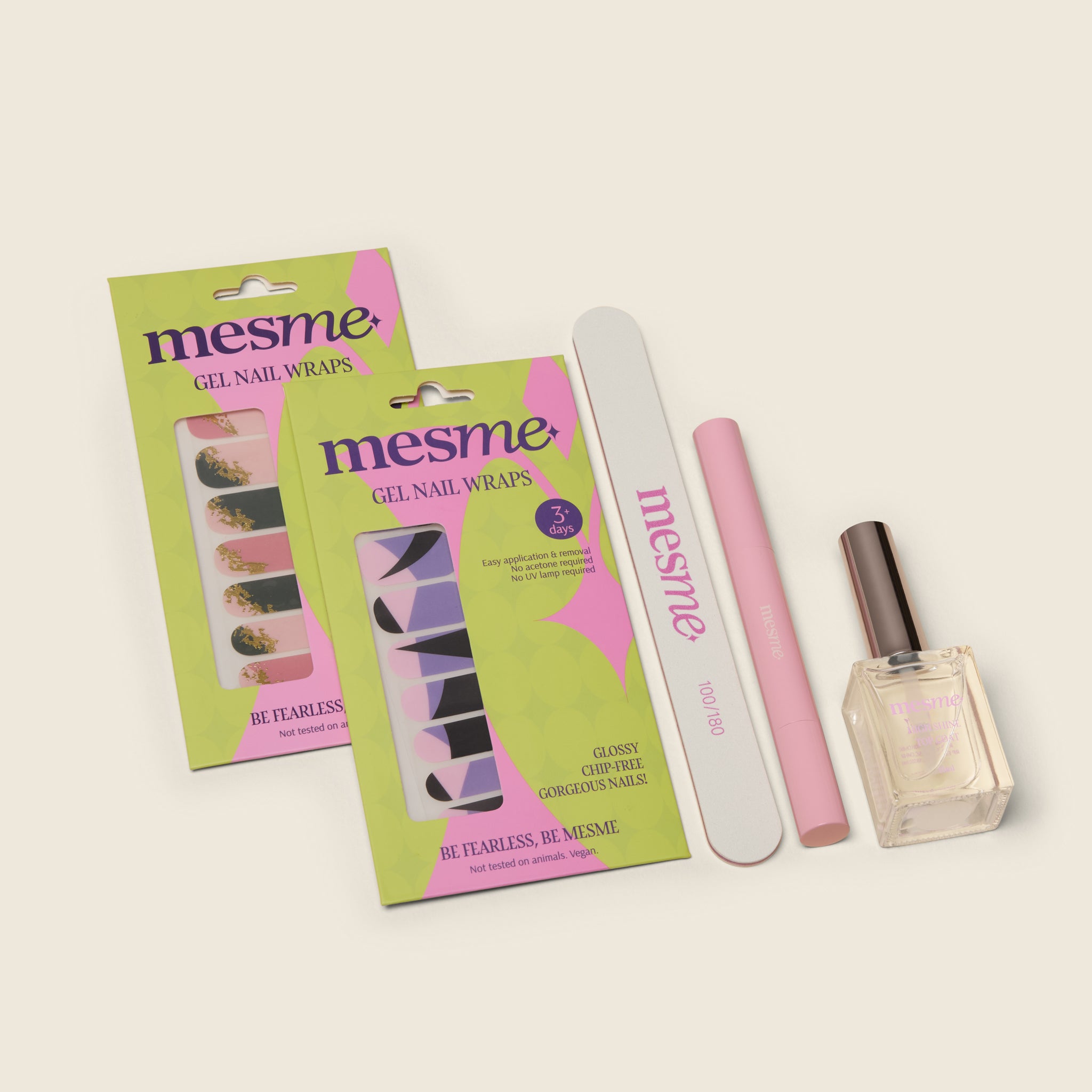 mesme 3+ Day gel nail wraps packaging with a nail file, pink wrap remover pen, and clear top coat on a light background
