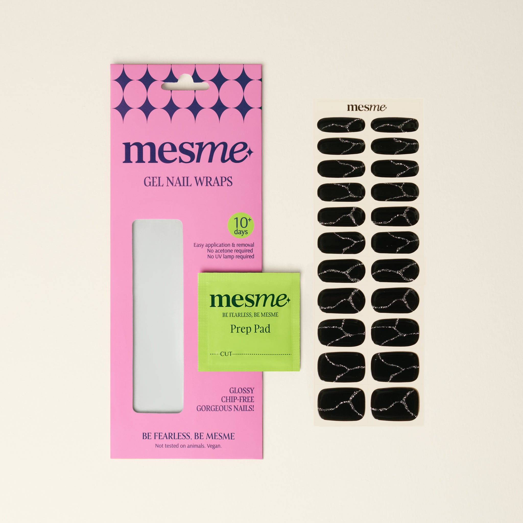 mesme Aluiza Black Silver 10-Day UV-Free Nail Wraps — Packaging