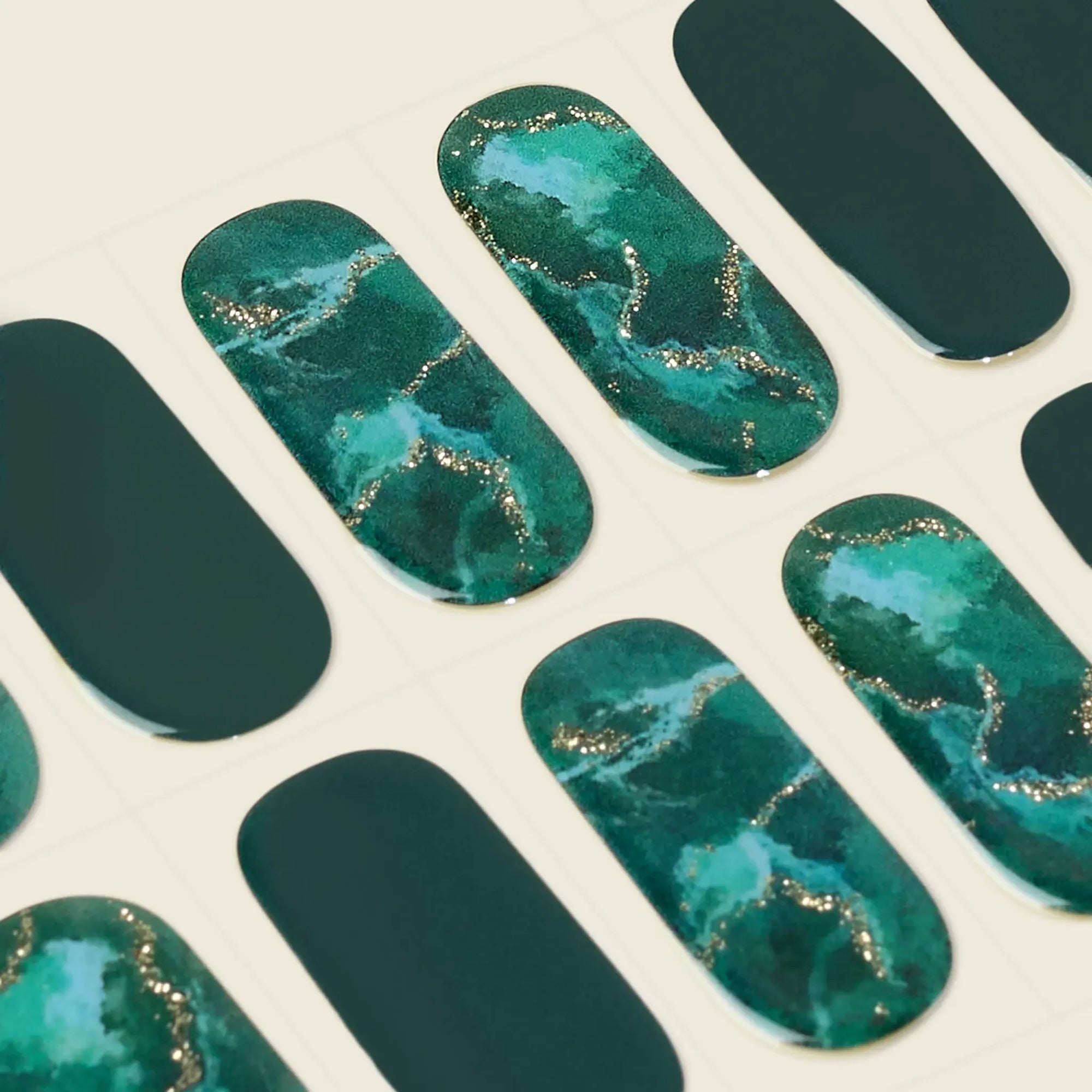 mesme Anastasia Emerald Green 14-Day UV Gel Nail Wraps — Strip Sheet Close-Up