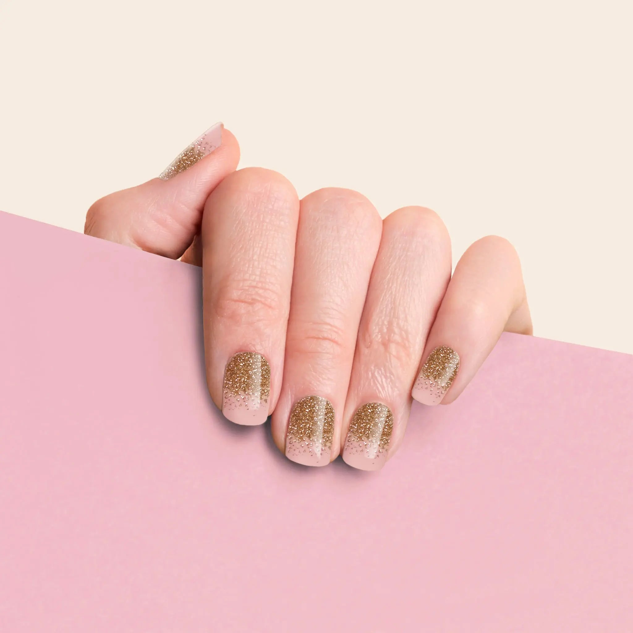 mesme Aria Nude & Gold 14-Day UV Gel Nail Wraps On Hand