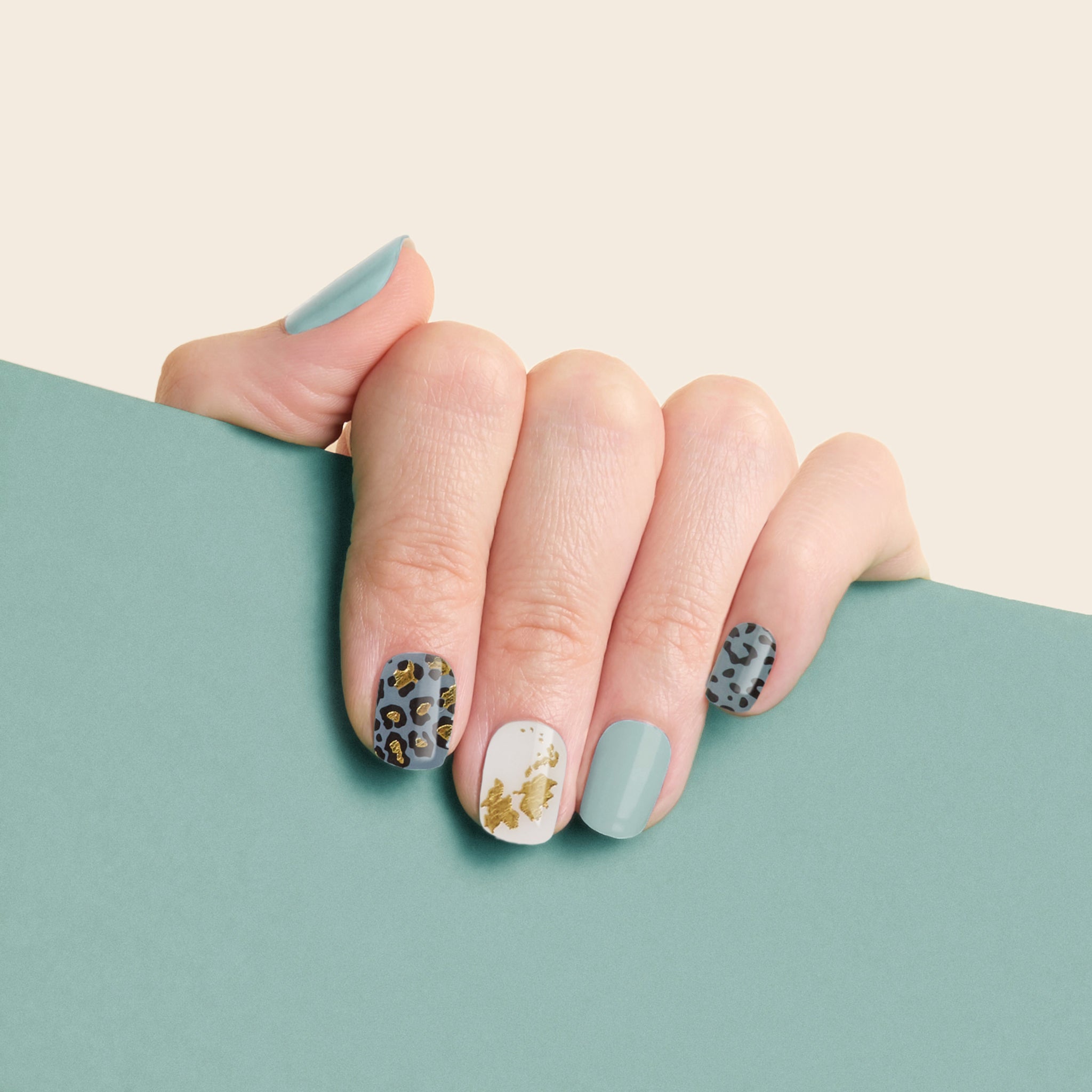 mesme Clodagh Sage Leopard 10-Day UV-Free Nail Wraps On Hand