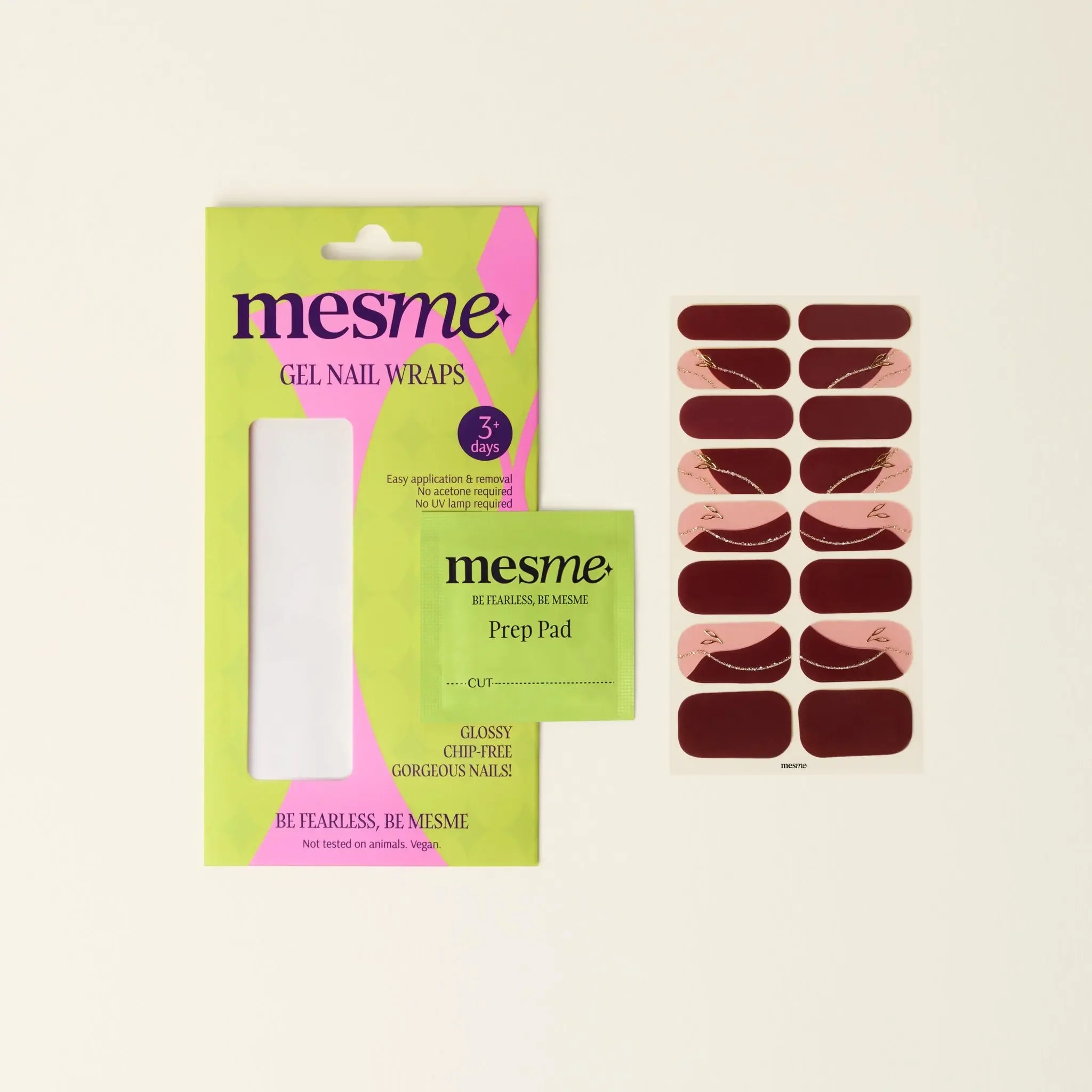mesme Connie Wine 3+ Day UV-Free Gel Nail Wraps — Packaging