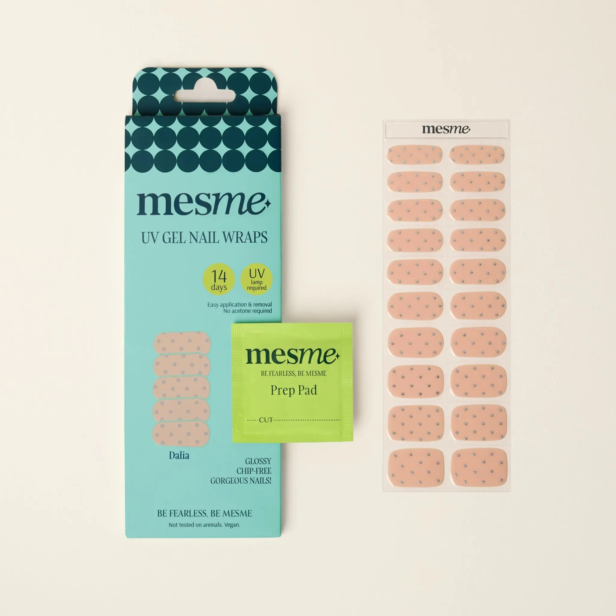mesme Dalia Nude Nails with Silver Dots 14-Day UV Gel Nail Wraps — Packaging