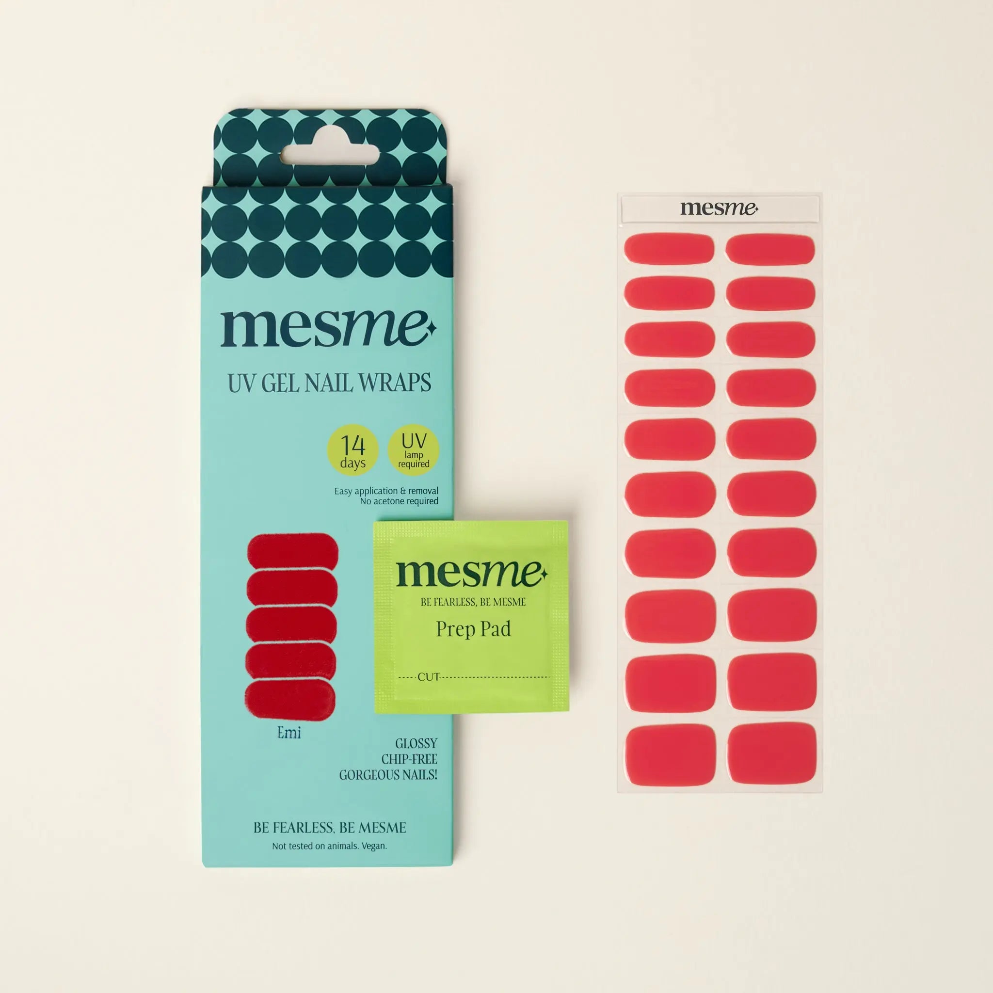 mesme Emi Bright Pink-Red 14-Day UV Gel Nail Wraps — Packaging