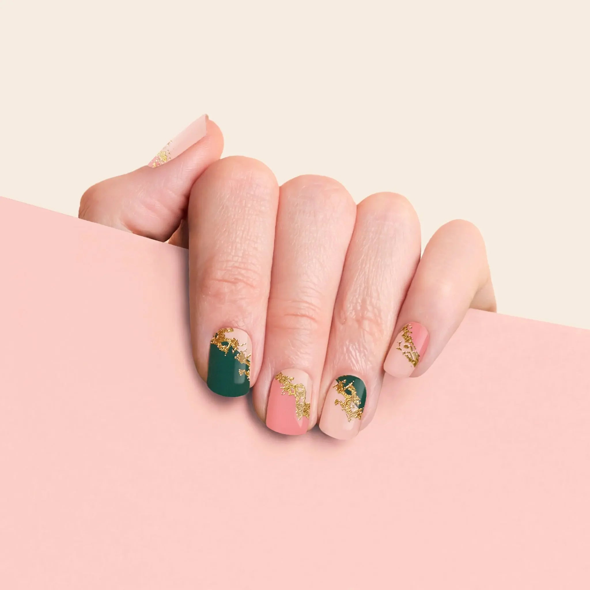 mesme Jasmina Emerald Green & Blush Pink 3+ Day UV-Free Gel Nail Wraps On Hand