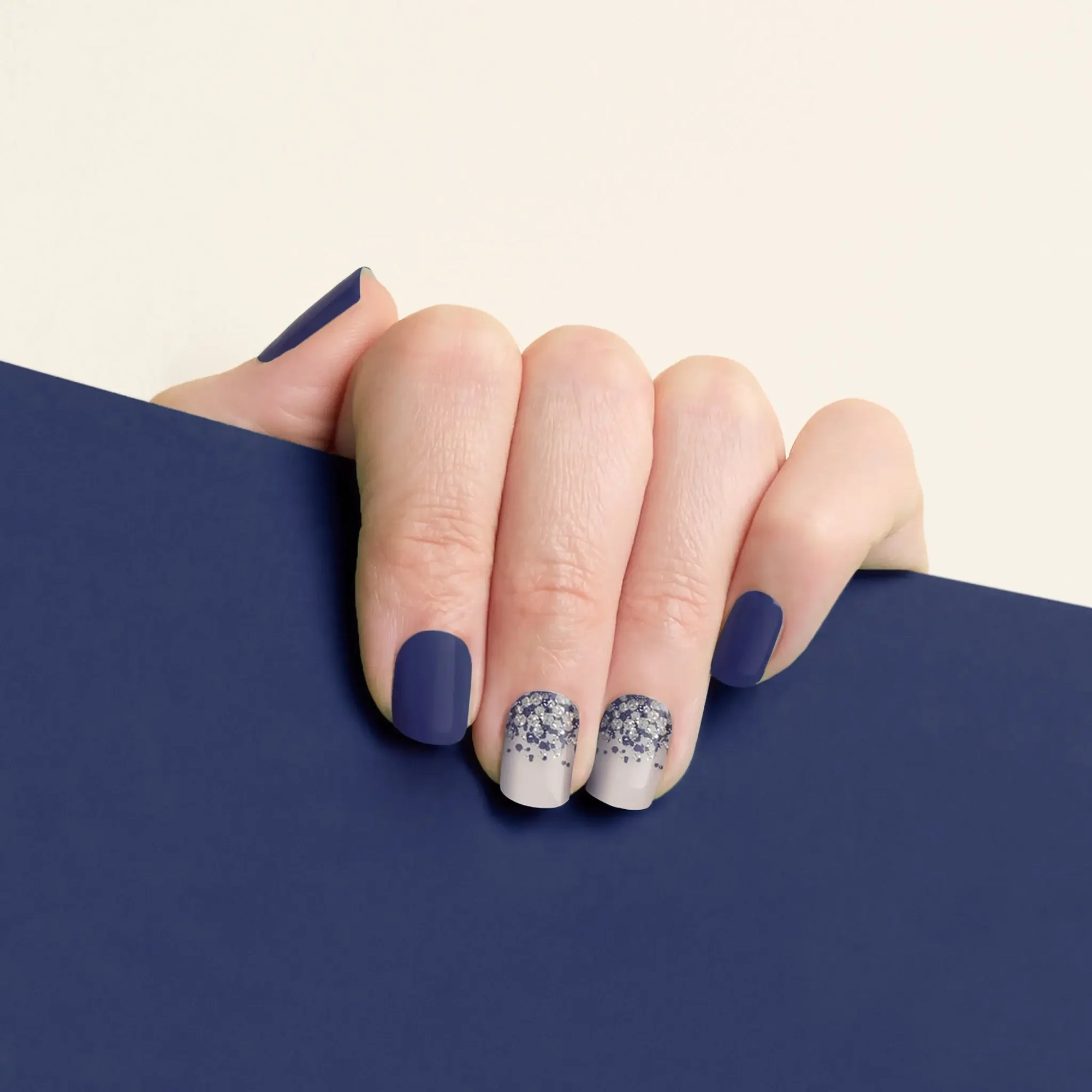 mesme Joy Navy & Glitter 3+ Day UV-Free Gel Nail Wraps On Hand