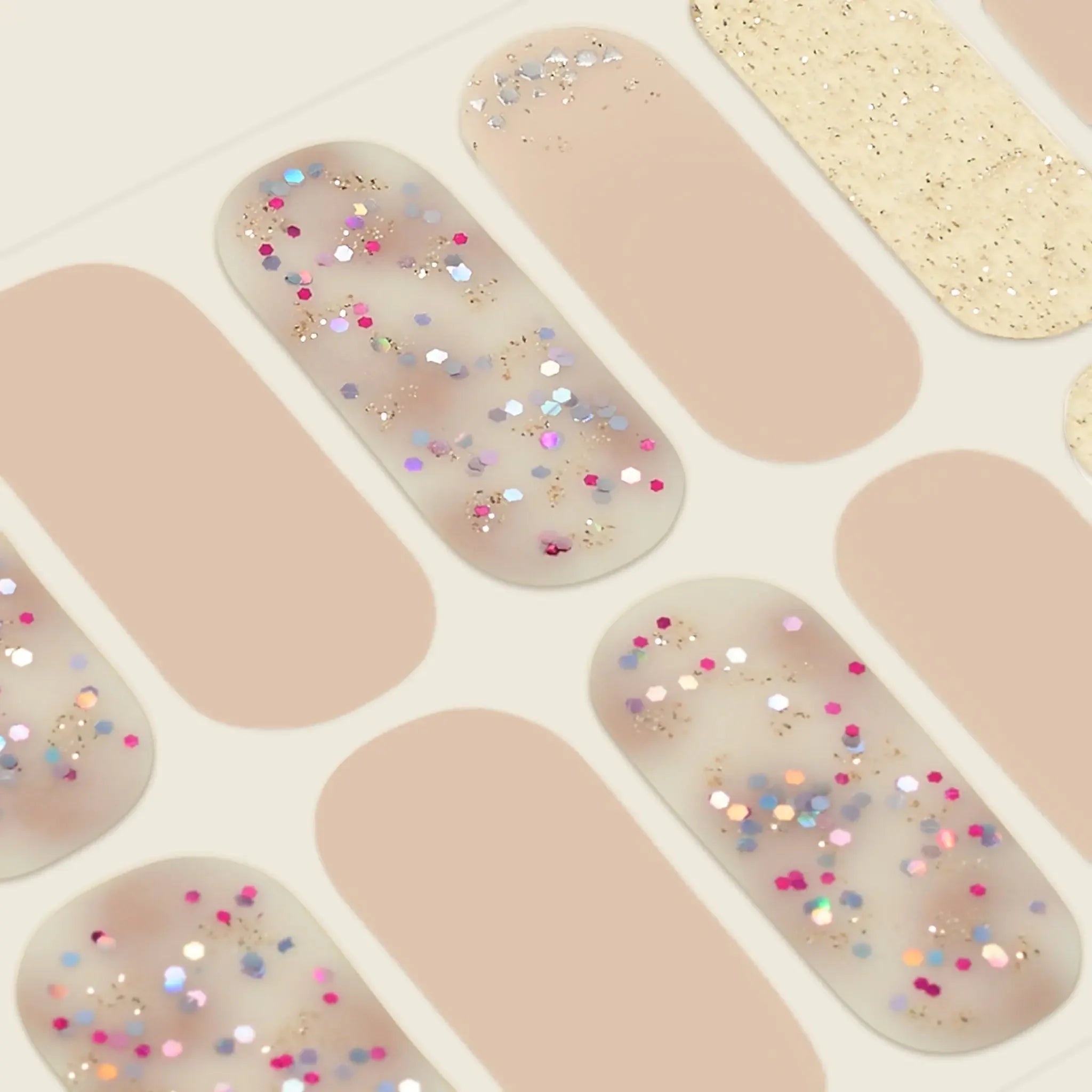 mesme Klara Nude & Glitter 3+ Day UV-Free Gel Nail Wraps — Strip Sheet Close-Up