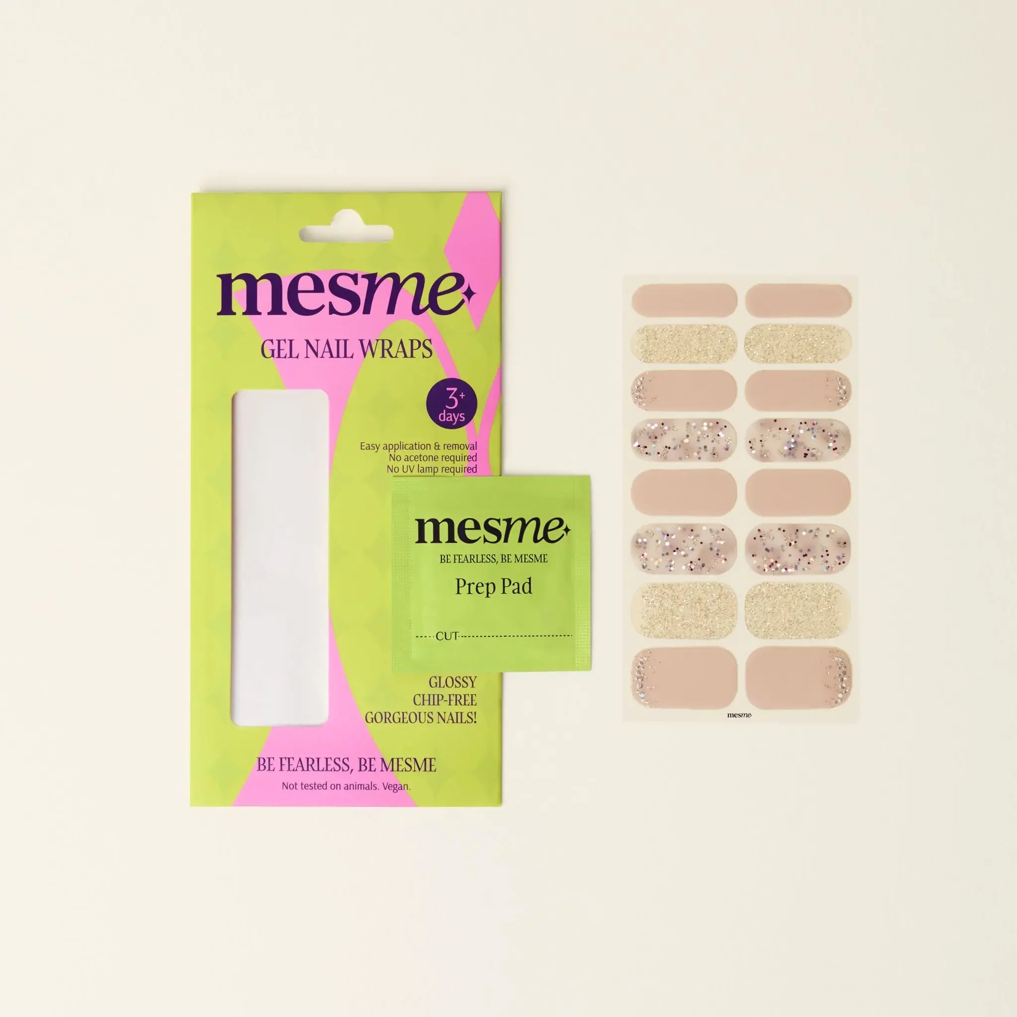 mesme Klara Nude & Glitter 3+ Day UV-Free Gel Nail Wraps — Packaging