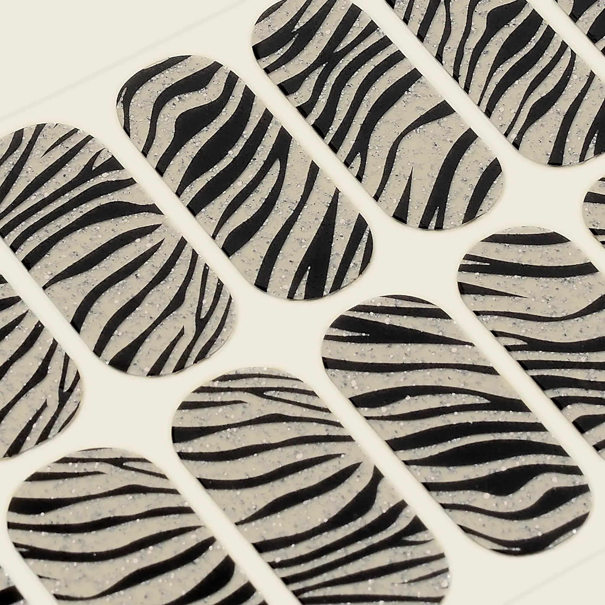 mesme Leilah Black Grey Zebra Print 3+ Day UV-Free Gel Nail Wraps — Strip Sheet Close-Up