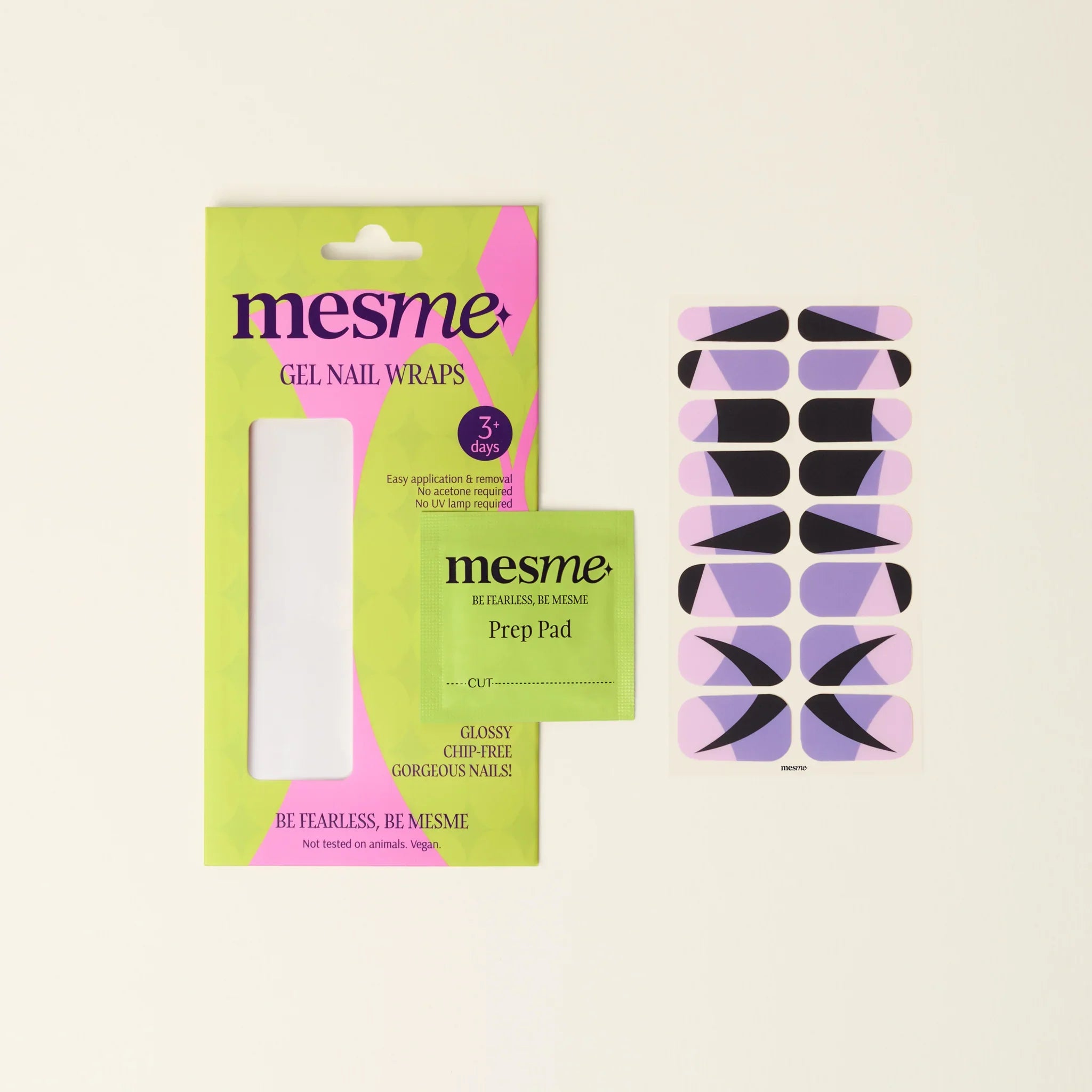 mesme Maya Lilac, Soft Pink & Jet Black 3+ Day UV-Free Gel Nail Wraps — Packaging