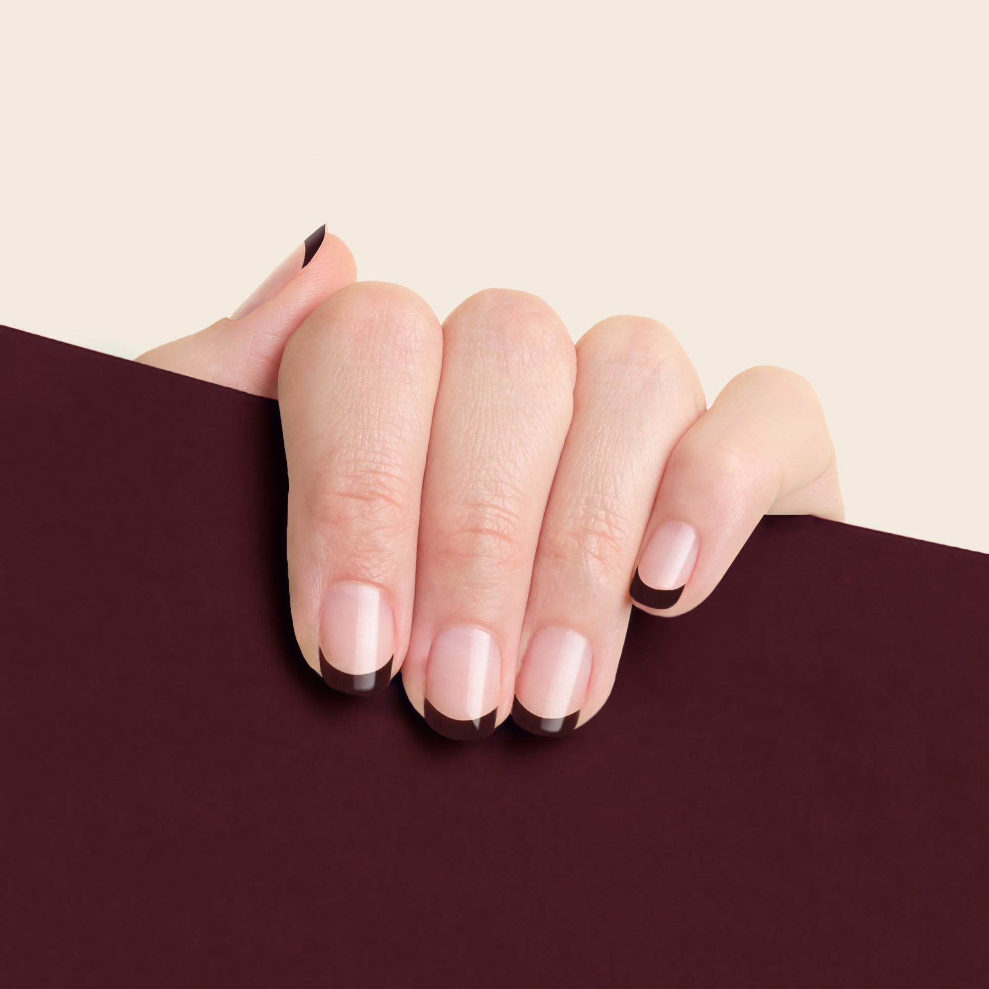 mesme Melissa Burgundy French 14-Day UV Gel Nail Wraps On Hand