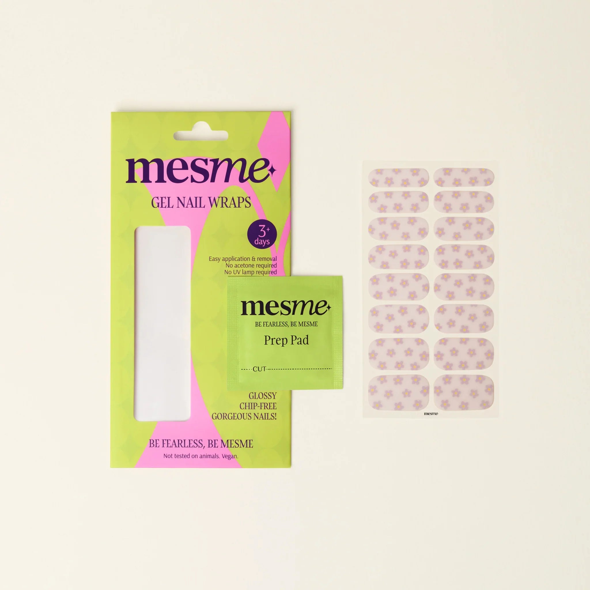 mesme Mia Pastel Daisy 3+ Day UV-Free Gel Nail Wraps — Packaging