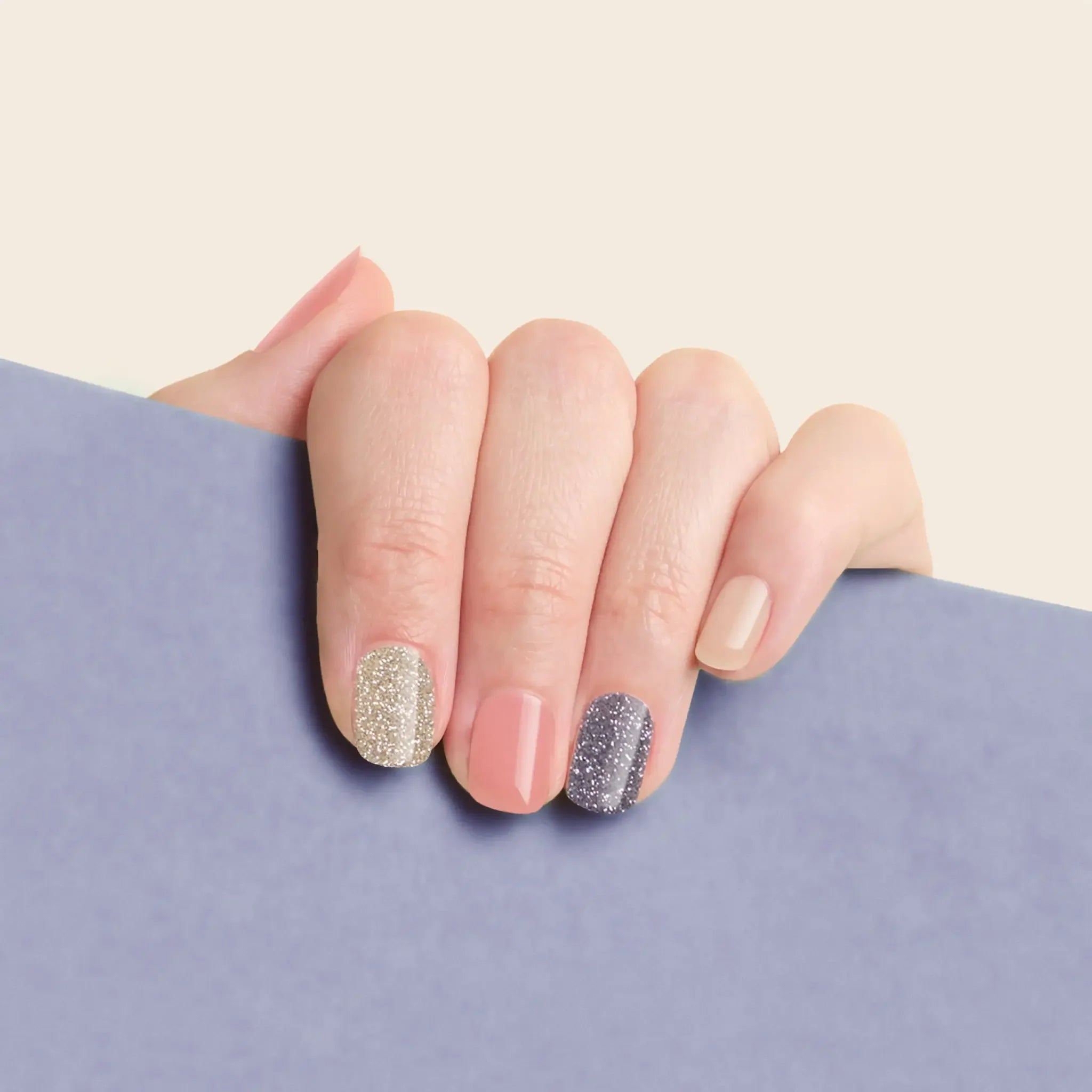 mesme Olivia Glitter Nude Mix 3+ Day UV-Free Gel Nail Wraps On Hand