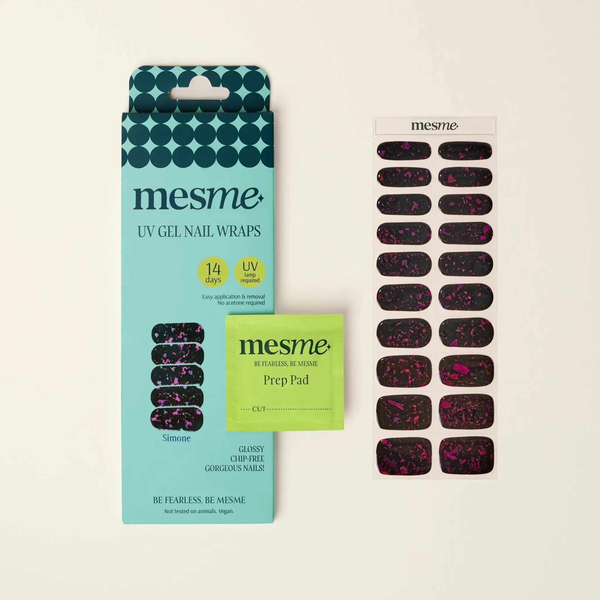 mesme Simone Black & Red Foil 14-Day UV Gel Nail Wraps — Packaging