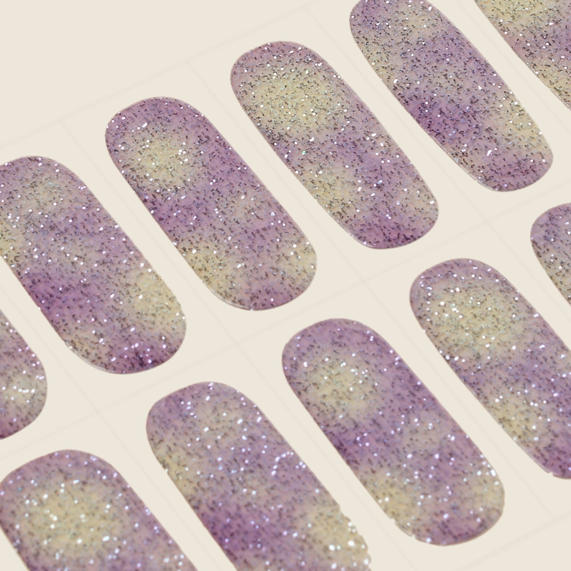 mesme Suzanne Purple Gold Glitter 10-Day UV-Free Nail Wraps — Strip Sheet Close-Up