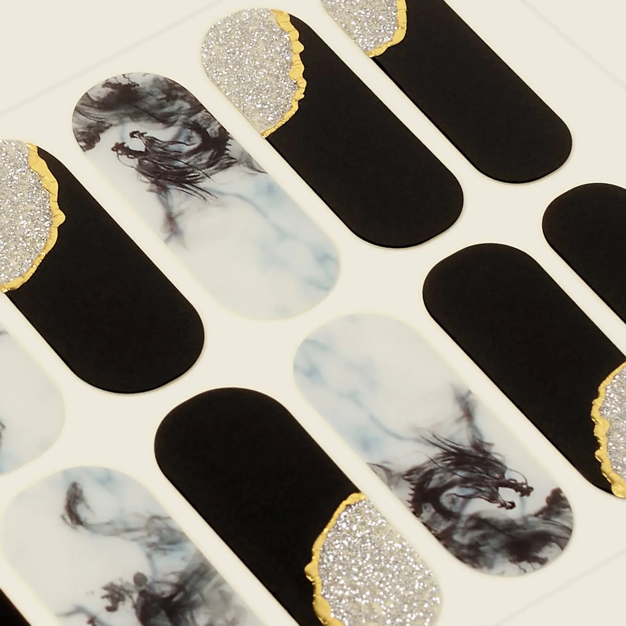 mesme Valeria Black Silver 3+ Day UV-Free Gel Nail Wraps — Strip Sheet Close-Up