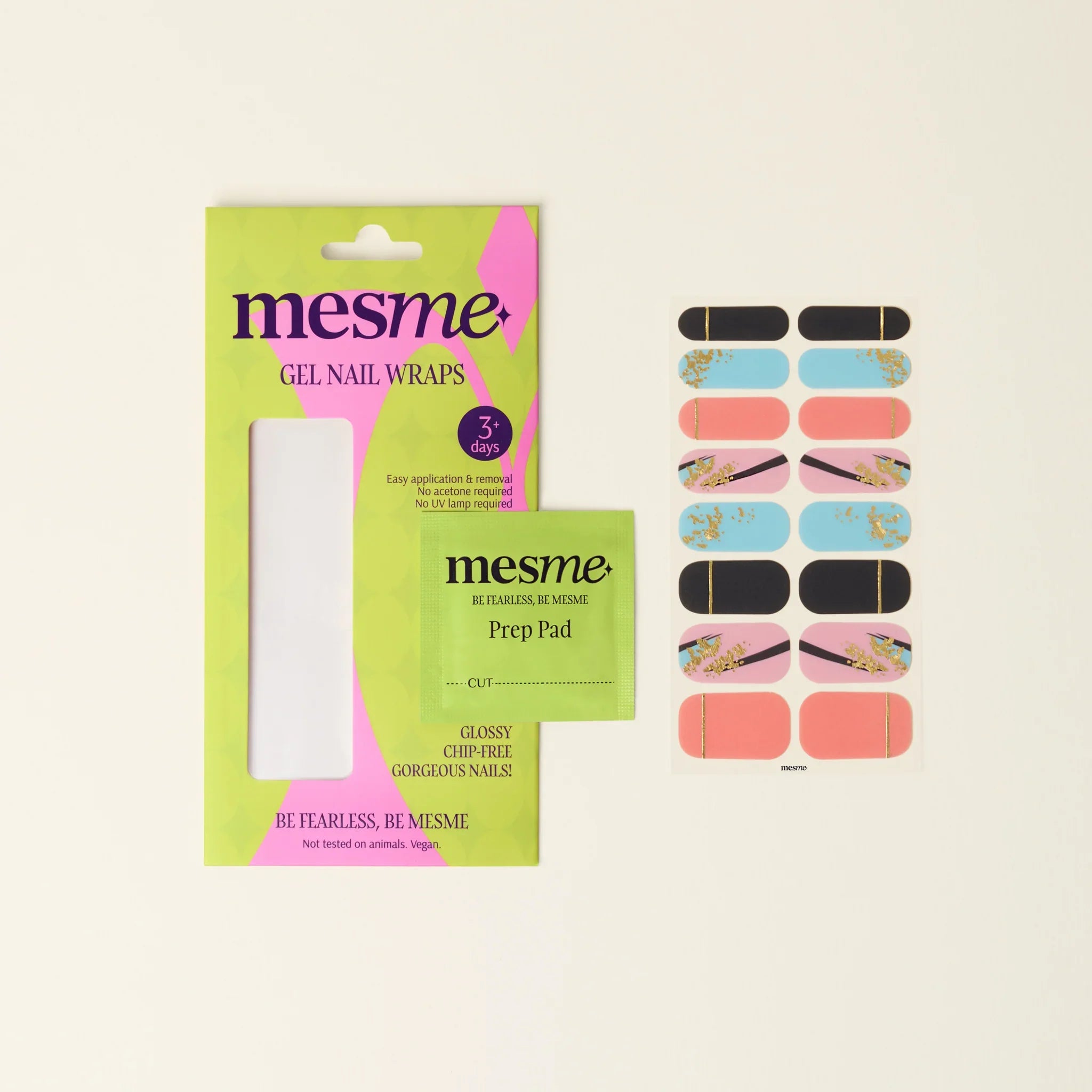 mesme Yayoi Turquoise, Coral, Pink, and Black 3+ Day UV-Free Gel Nail Wraps — Packaging